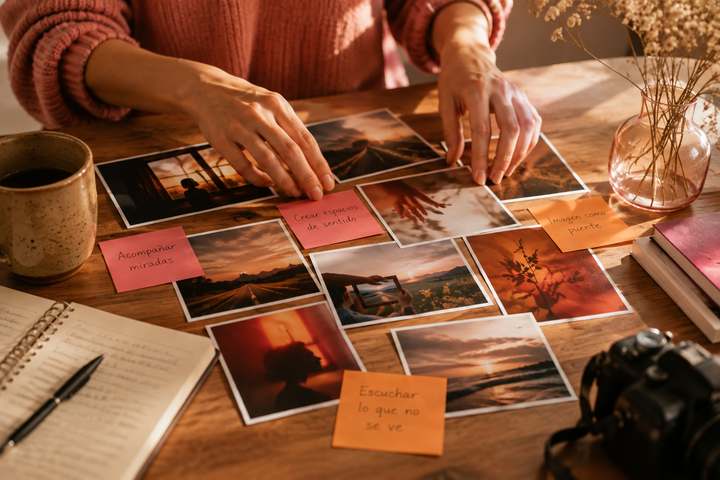 Unas manos ordenan fotografías y notas sobre una mesa de madera.